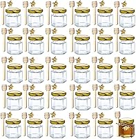 30 Pack 1.5oz Hexagon Mini Glass Honey Jars with Wood Dippers, Gold Lids, Bee Pendants, Jute - Wedding Baby Shower Favors