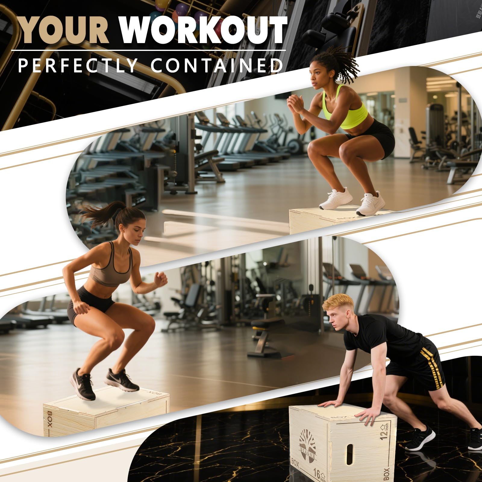 Plyo Box - Plataforma pliométrica de madera 3 en 1 (20 x 16 x 12 pulgadas) para entrenamiento de gimnasio en casa, ideal para saltos, sentadillas y acondicionamiento, 1 pieza