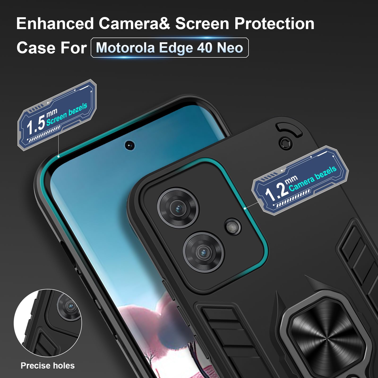 Funda para CMF Phone 2 Pro, Carcasa Antigolpes con Soporte anular metálico, Case Protectora de Grado Militar, Negro — view 363