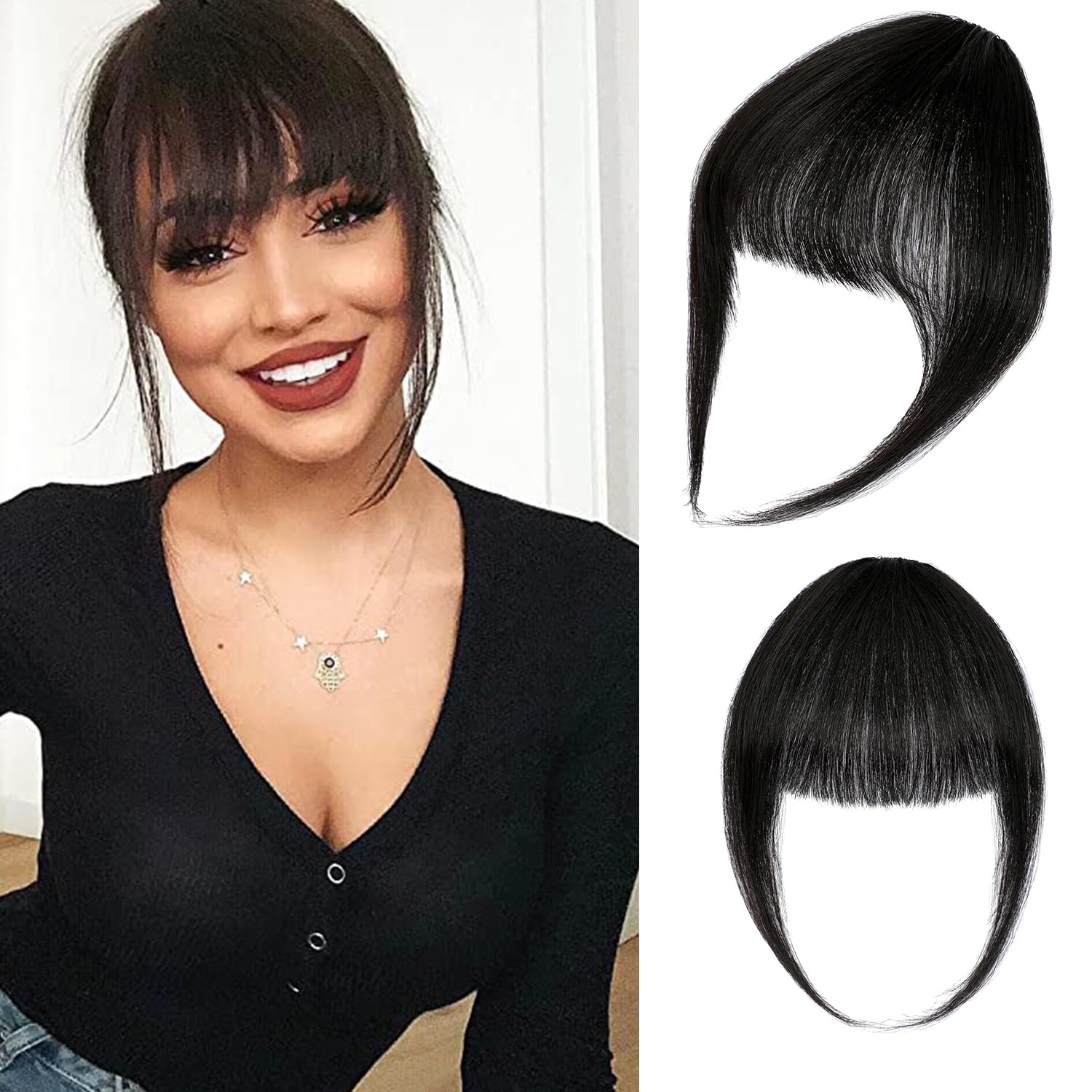 Clip in Bangs 100% Real Human Hair Extension Bangs Hair Clip French Bangs Clip on Curved Bangs Natural Wispy Bangs Hairpieces for Women Dark Black