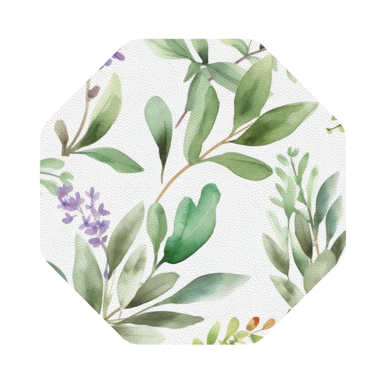 Fodpand Octagon Green Flower Drink Coasters Set Of 4, Heat Resistant Leather Coasters Fuuny Bar Beer Beverage Coaster For Drinks, Absorbent Cup Mat For Tabletop Protection, Housewarming Gift