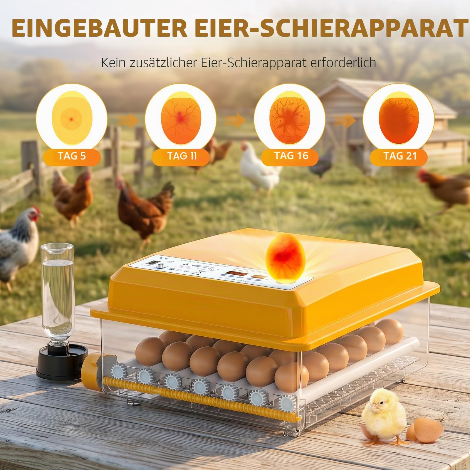 Brutautomat Vollautomatisch für 16-120 Eier, Brutmaschine mit Automatischer Wendung & Wasserzugabe, Inkubator 12V/220V Dual mit LED-Display, Temperaturkontrolle & Schierlampe für Hühner, Wachteln