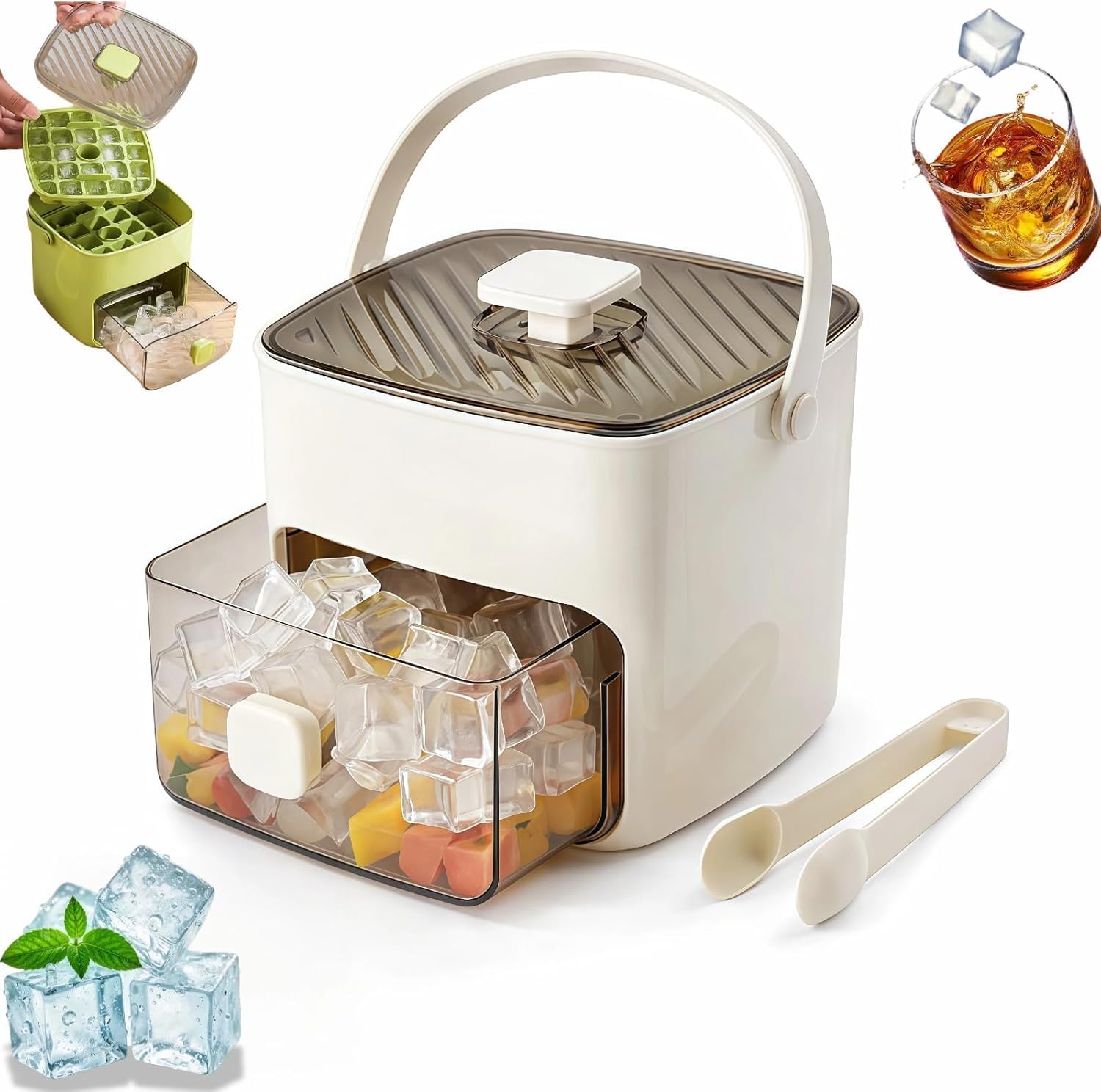 Portable Ice Maker with Storage Box – 48 Cube Easy Press Release Ice Tray for Freezer – BPA Free 2 Layer Ice Cube Maker with Lid and Tongs (White)
