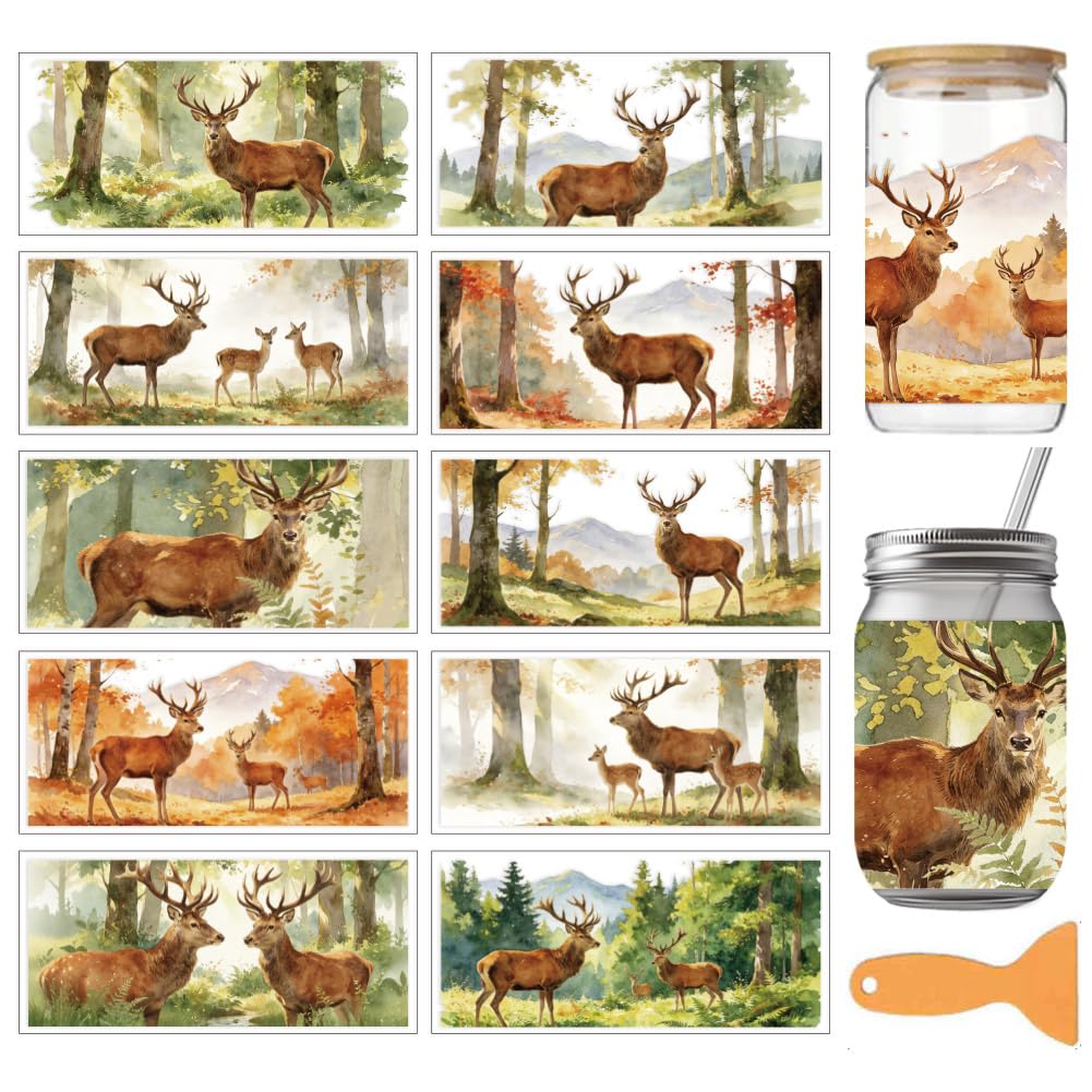 arricraft 10 Pcs Deer Theme PVC Cup Transfer Stickers, Deer in The Forest Pattern UV Waterproof Cup Sticker Rub on Decal for 16 oz Glasses Window Home Printing Decoration 24x11cm