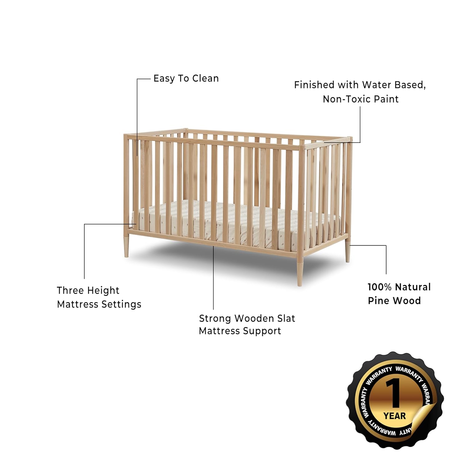 Sorelle Furniture Happy 3-in-1 Convertible Crib, Baby Crib to Toddler Bed, Sustainable Beech Wood, Non-Toxic Finish, Natural Wood Nursery Furniture