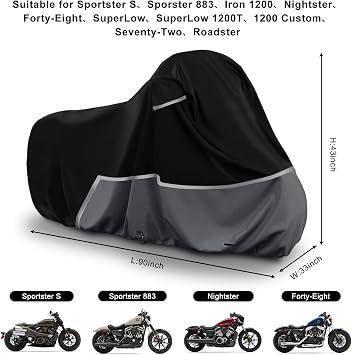 Waterproof Motorcycle Cover Replace for Harley Davidson Sport Models, 420D Oxford Cloth Nightster, Sportster Motorcycle Cover with Reflective Strips for Snow Rain Dust Hail Protection