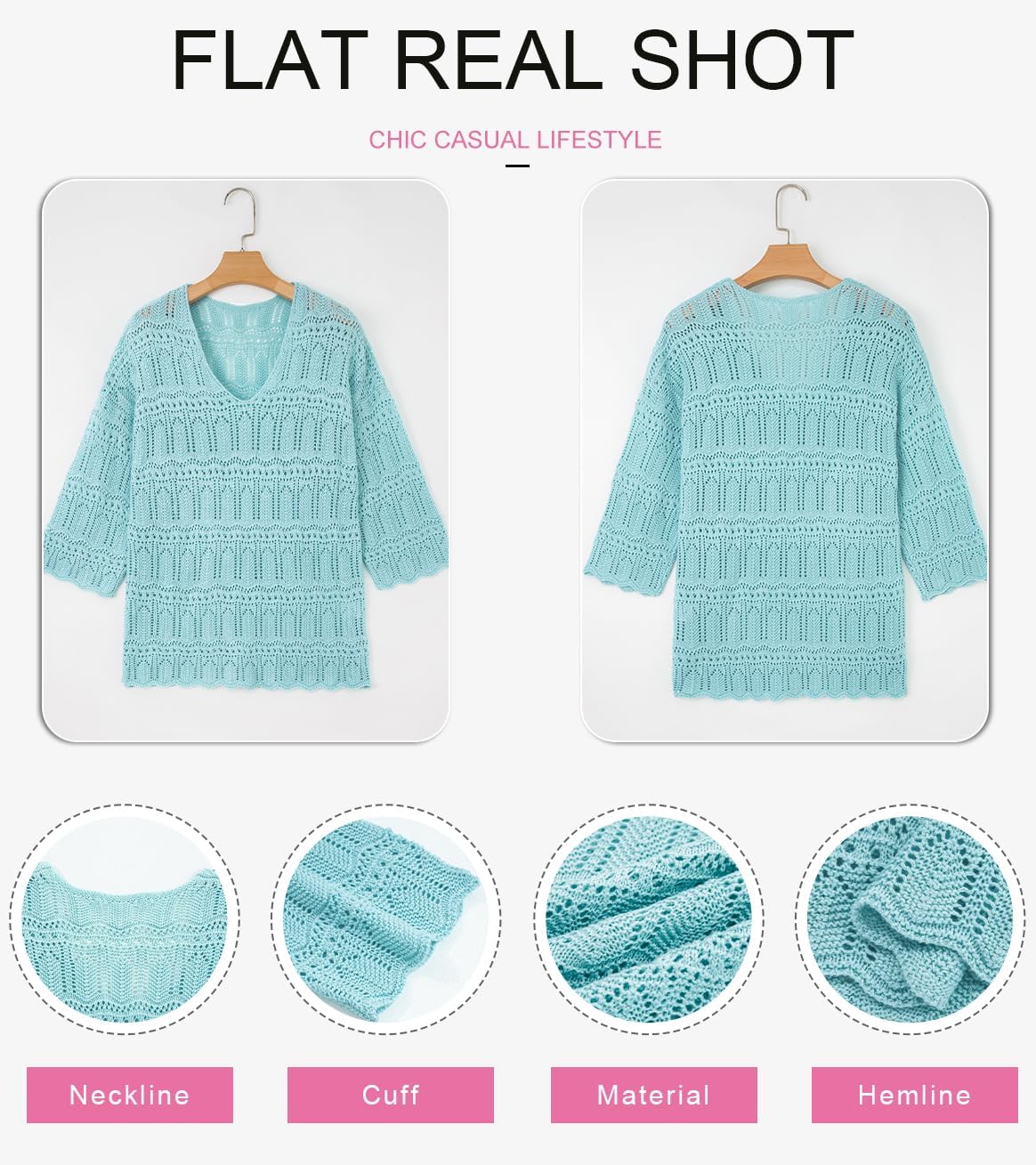 SHEWIN Womens Spring Tops Crochet 3/4 Length Sleeve Pullover Sweater Oversized Summer Shirts Trendy Beach Vacation Clothes - Image 8