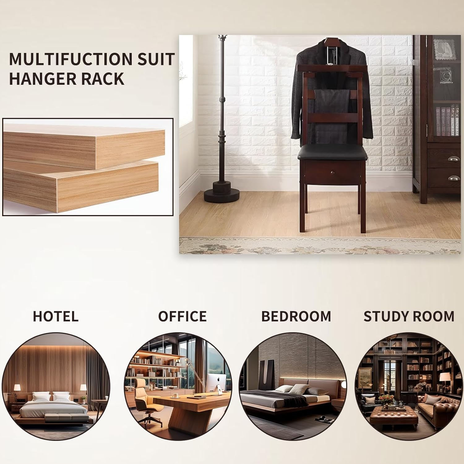 Wooden Suit Valet Stand with Drawer Suit Valet Stands for Men Freestanding Clothes Valet Stand with Trouser Bar and Tie Bar