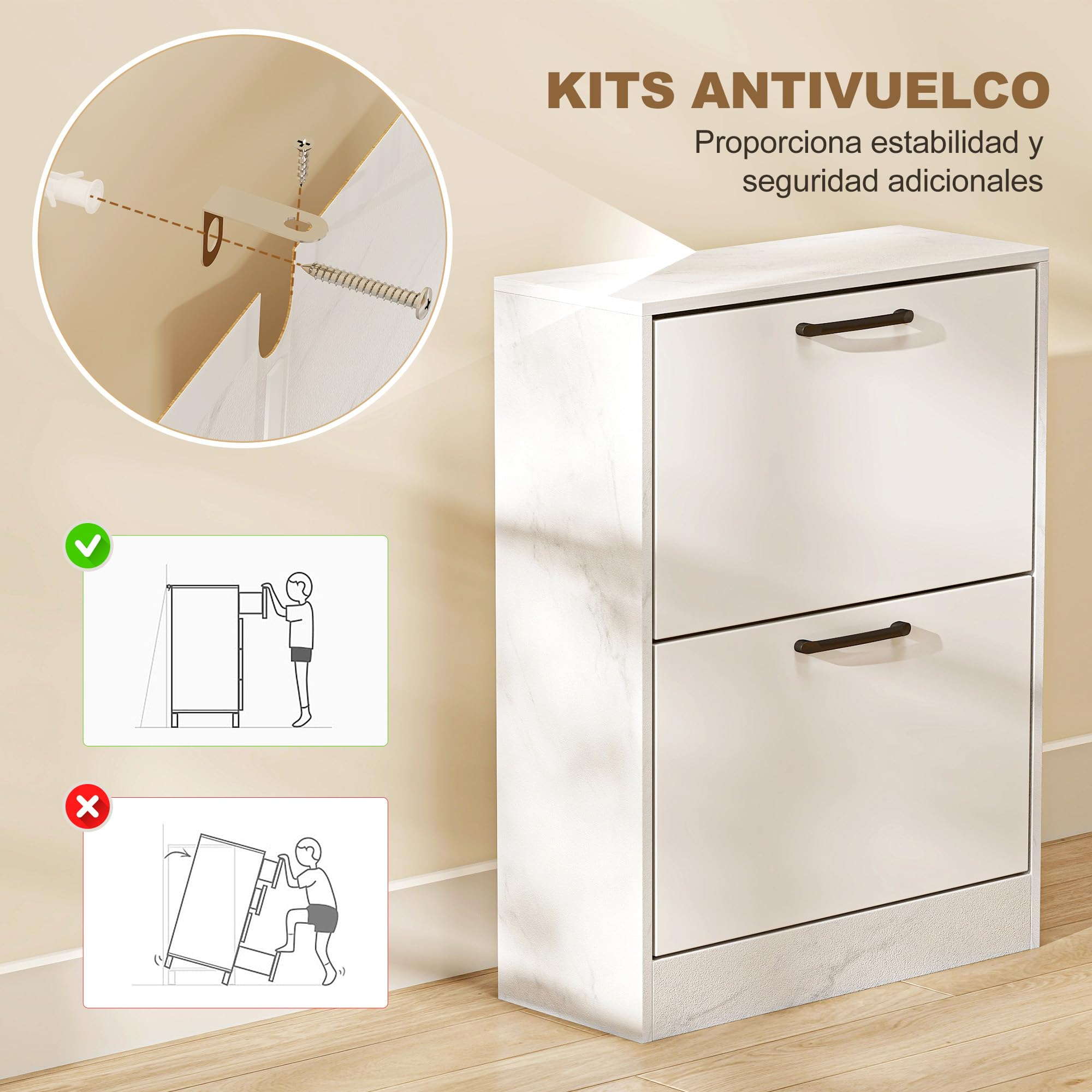 HOMCOM Zapatero Estrecho 2 Puertas de Alto Brillo 60x24x80 cm Blanco | Zapatero Entrada Recibidor, Estantes Ajustables, Diseño Mármol, para 8 Pares de Zapatos, Espacios Reducidos