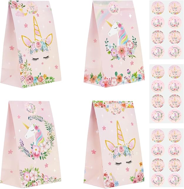 Unicorn Party Favor Bags - Unicorn Party Supplies 24 Pack Gift Bags with Stickers for Girls Rainbow Unicorn Theme Baby Shower Birthday Party Candy Paper Bags