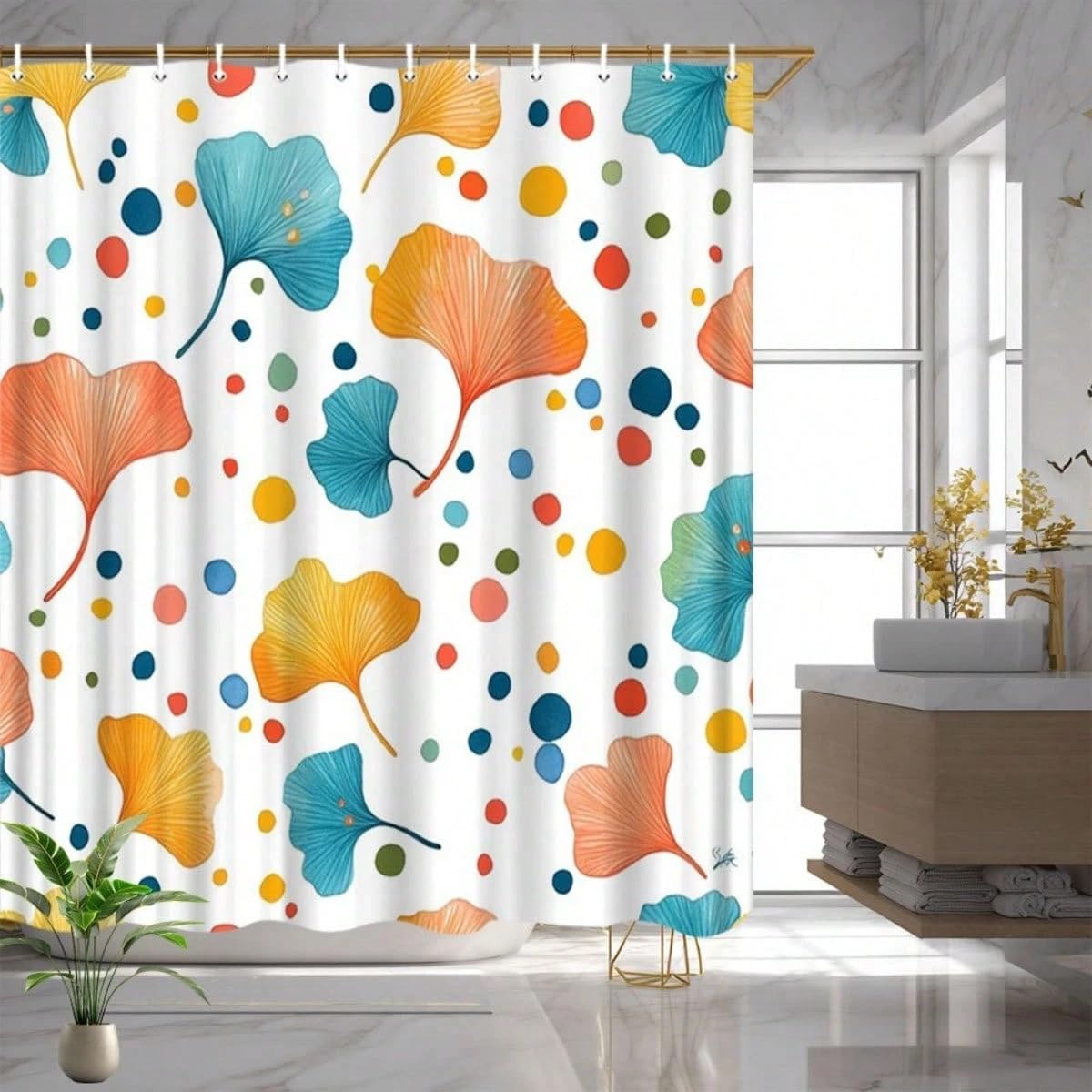 GLKSDLPO Vintage Modern Leaf Shower Curtain - Turquoise Bathroom Decor Textured Look With Ginkgo Leaves & Dots Pattern Bath Curtain(200x220cm/79x87in(WxH)