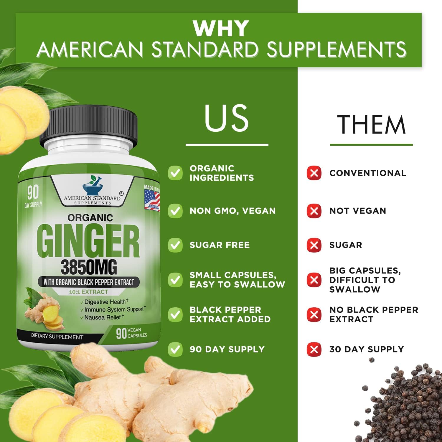 Ginger Root Capsules Organic 3850mg, Ginger Powder, Ginger Supplements, Ginger Capsules, Ginger Pills, Ginger Extract, Organic Ginger Root, Immune Support, Alternative to Ginger Chews, 90 Veg Capsule : Health & Household