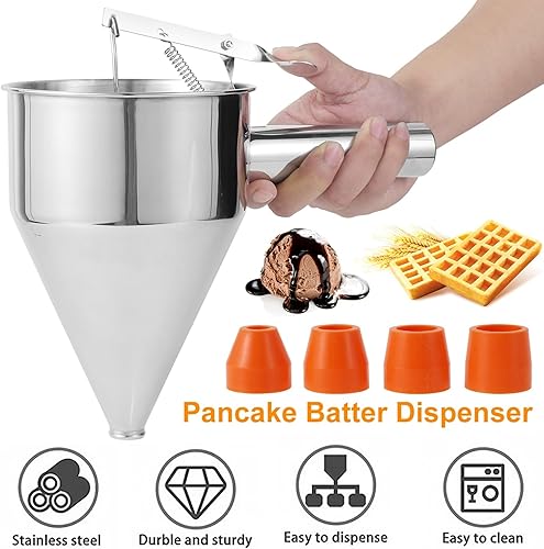 Miniatura 2 de Dispensador de masa de panqueques de acero inoxidable, dispensador de embudo con soporte para Takoyaki y hornear (grande 40.6 fl oz (4 tazas