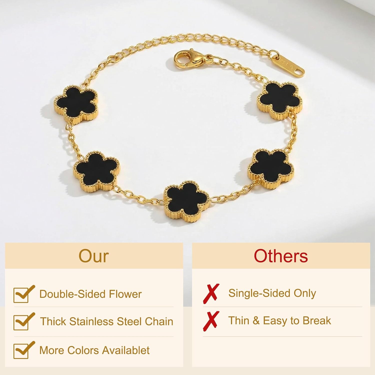 Four Leaf Clover Bracelet for Women, 18K Gold Plated Lucky Charm Bracelet, Adjustable Stainless Steel Non Tarnish Clover Jewelry, Hypoallergenic Gift for Mom Wife Girlfriend