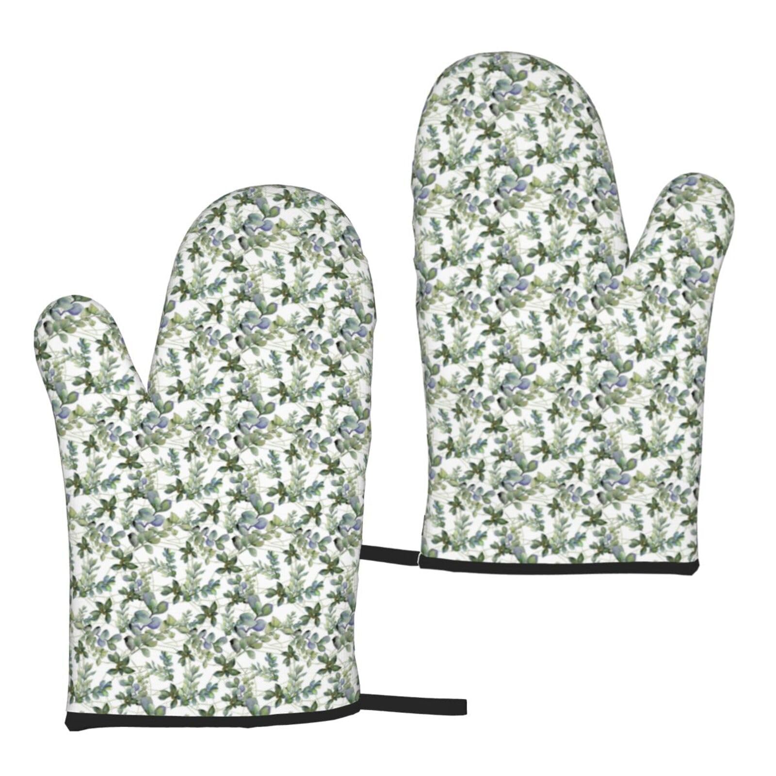 Green Eucalyptus Leaves Print Universal Fit Comfort Gloves Protection Heat Resistant Oven Kitchen Baking Grilling