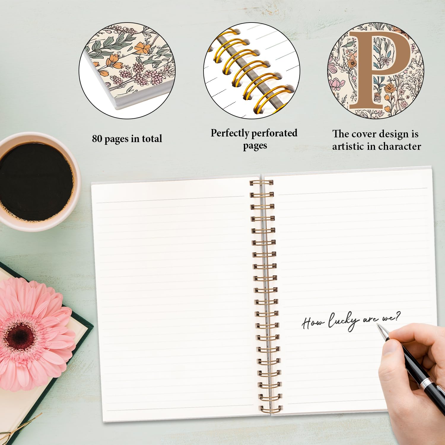 JXREQ Spersonalizowany notatnik w stylu vintage, boho, inicjał litery P, notatnik, monogram, prezenty dla kobiet, artykuły biurowe, kwiat, spiralny zeszyt