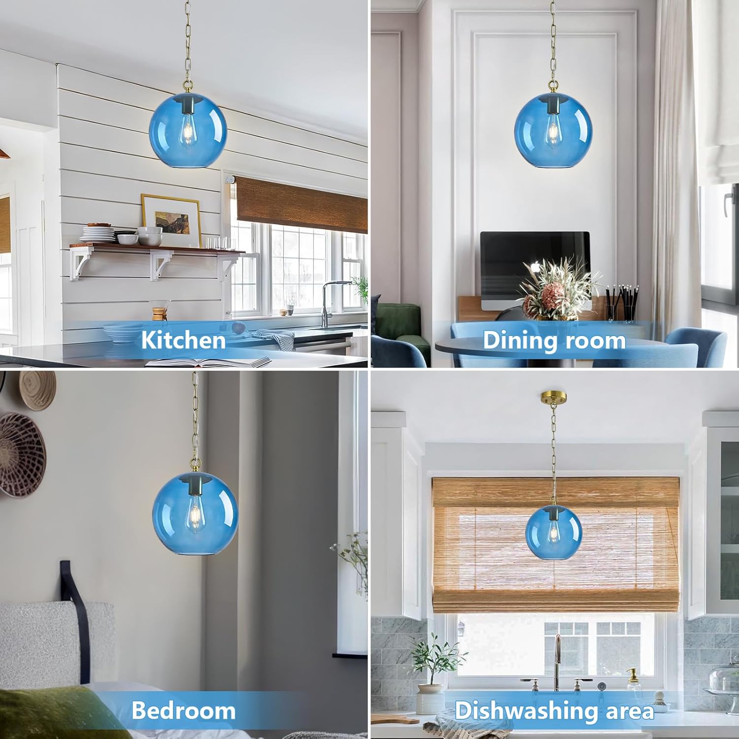 Deep Blue Glass Pendant Light Fixtures，Modern Farmhouse Ceiling Hanging Lights Brass Finish Chain Globe Pendant Lights for Kitchen Island Dining Room Bedroom Light Fixture(9.84in, 1-Pack)