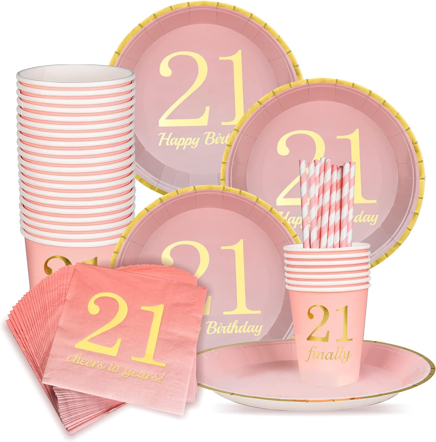 21st Birthday Decorations Party Supplies Gifts for her Napkins,Cups,Plates,Straws - 24 Sets (21st Birthday)