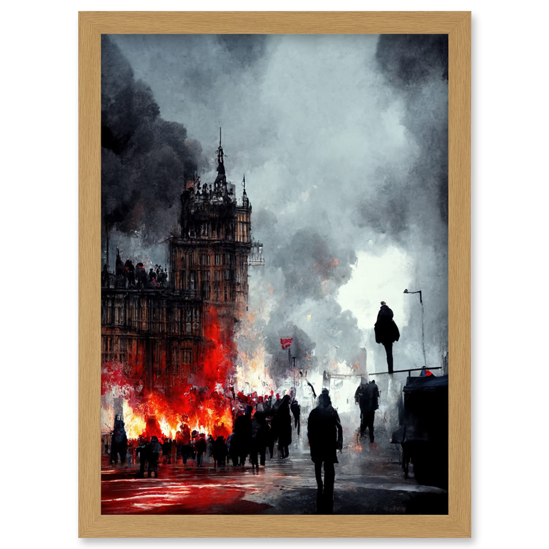Anarchy Civil Unrest Punk Rioting UK Houses Parliament Framed Wall Art Print - Artery8 - A4 - Light Oak Frame