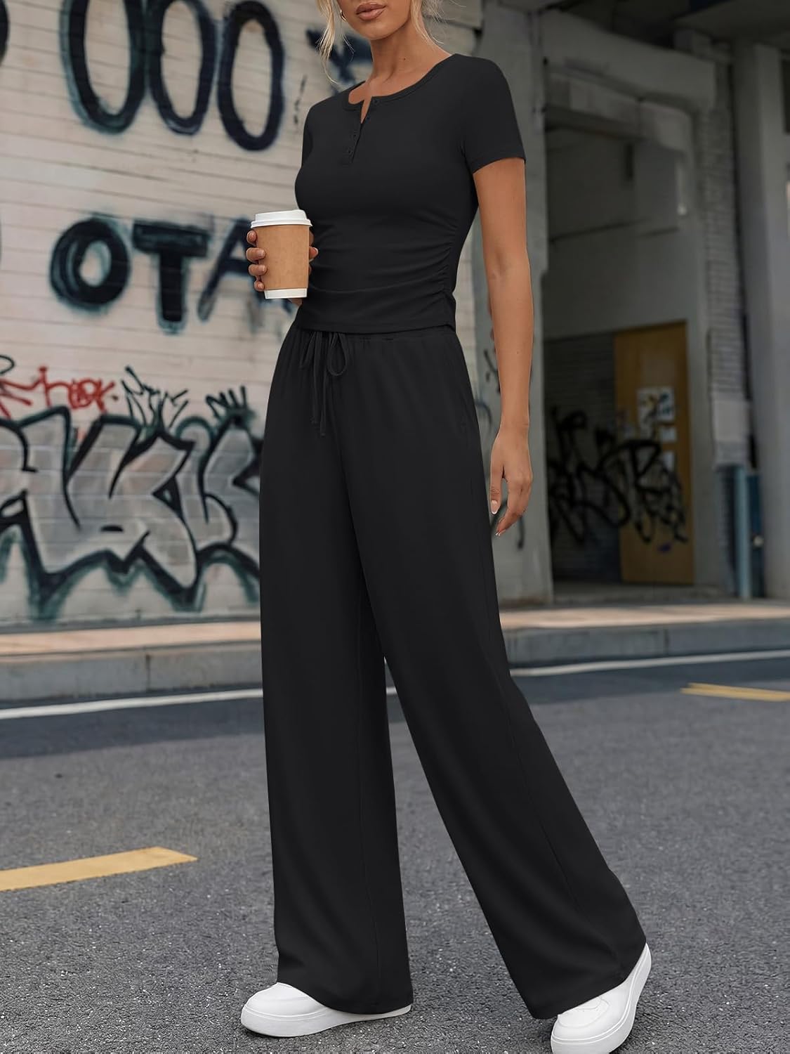 Trendy Queen Womens 2 Piece Sets Lounge Matching Set Cruise Casual Vacation Outfits Summer Wide Leg Pants Workout Clothes - Image 3