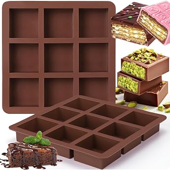 VICDUEKG Chocolate Mould Silicone Deep Pack of 2 Dubai Chocolate Mould Silicone Mould Extra Deep Chocolate Bar Mould 9 Cavities Mini Brownie Baking Mould for Chocolate Praline Cornbread Cheesecake Brown
