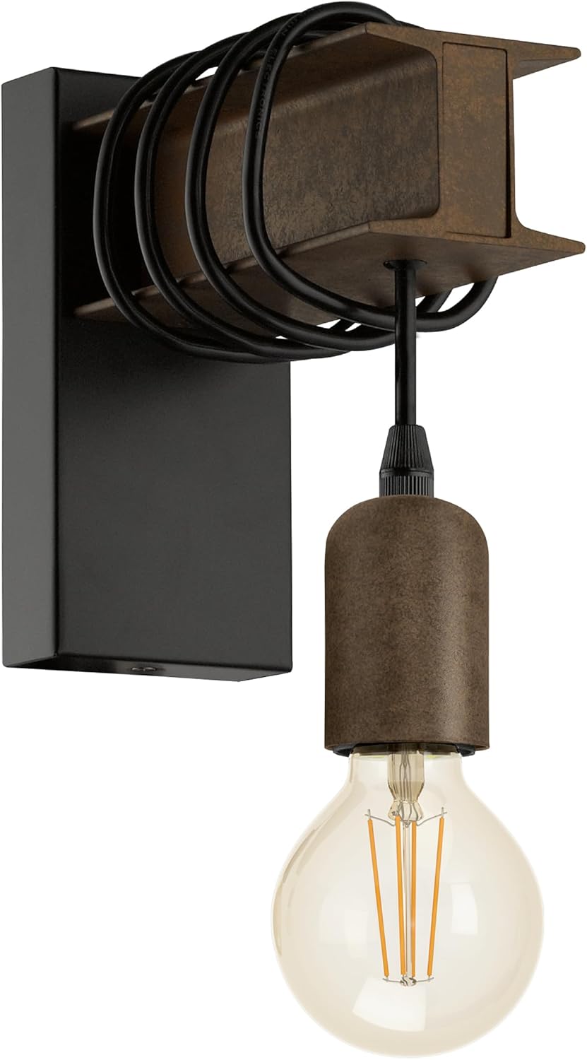 Eglo Lampada da parete Townshend 4, plafoniera vintage a uno punto luce, lampada da parete dal design industriale, lampada retrò in acciaio, nero, marrone, E27