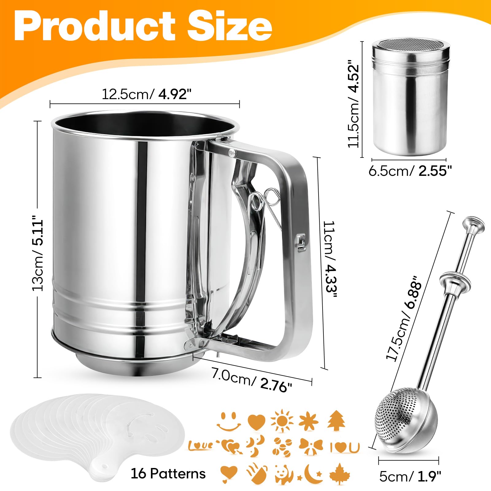 4 in 1 Mehlsieb Edelstahl, 5 Tassen Mehlsieb zum Backen, Sieb zum Backen mit Puderzucker Staubwedel Set, Mehlstreuer Staubwedel zum Backen von Kuchen, Torten, Gebäck, Desserts und Cupcakes