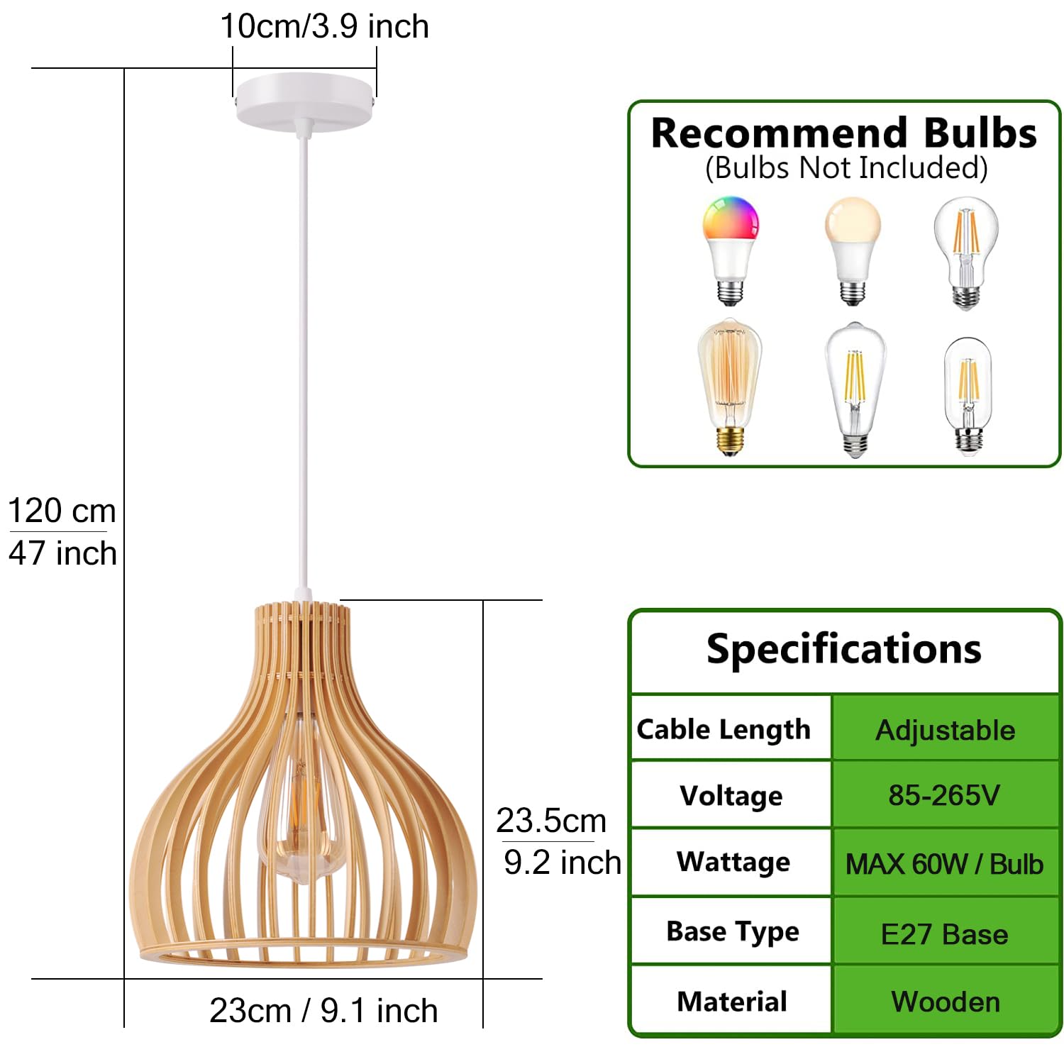 lampadario vintage legno, lampada a sospensione industriale dal design, lampada da soffitto retrò fatta a mano E27, altezza regolabile, soggiorno, sala da pranzo, camera, 60W, ø 23 cm, bianco