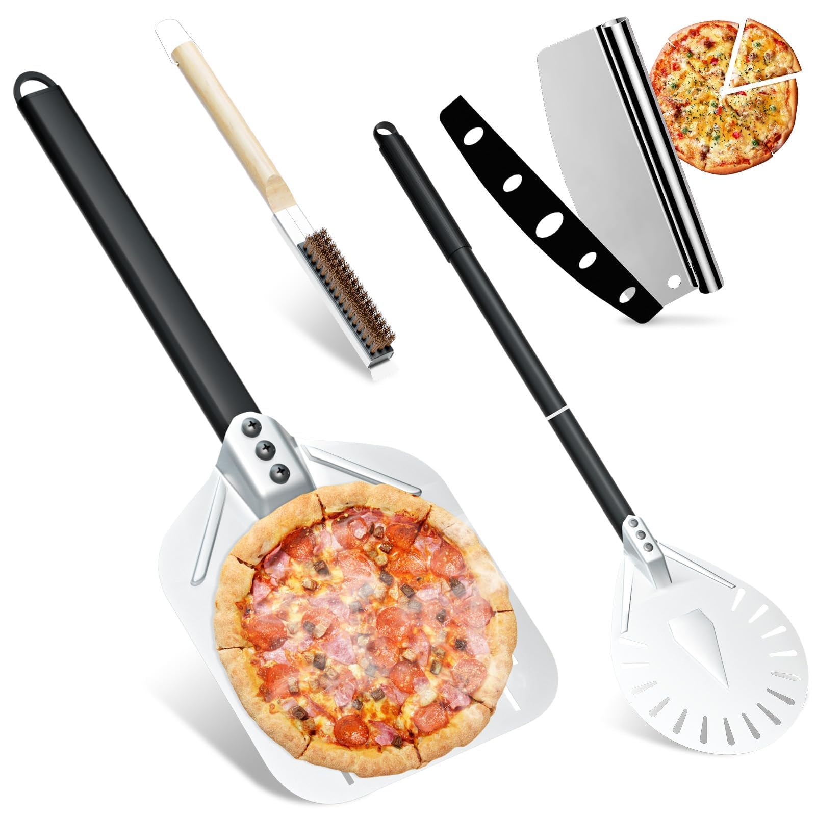 Set di 4 attrezzi pale pizza, 30x35 cm pala per pizza forata, Alluminio 23cm palino per pizza con manico lungo, Coltello tagliapizza professionale, Spazzolone per forno pizza con raschietto