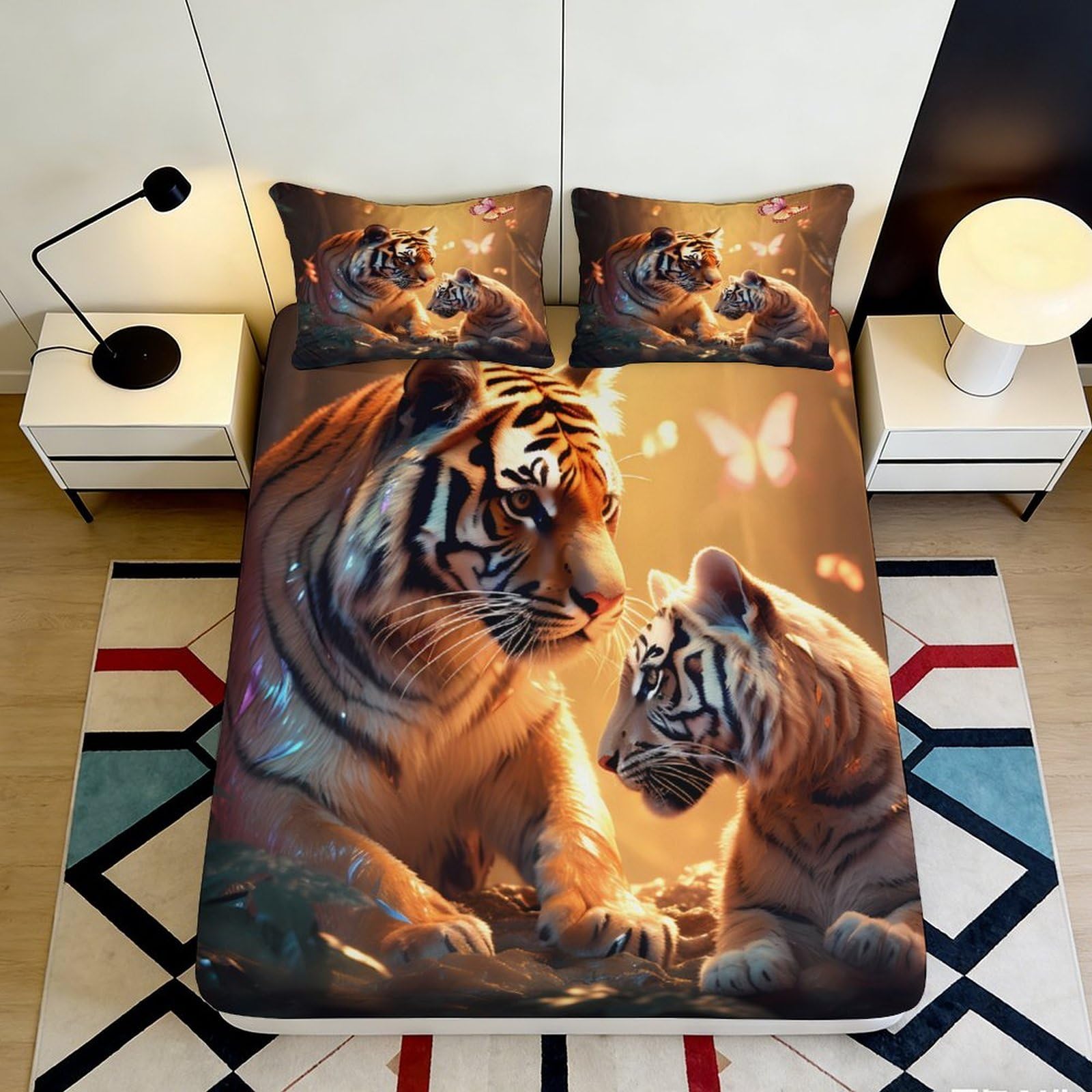 3D Printed Tiger Family Fitted Sheet Microfiber Soft Breathable Tiger Cubs Bed Cover for Bedroom Dormitory Guest Room Mattress Protection Decor 140x200x25cm