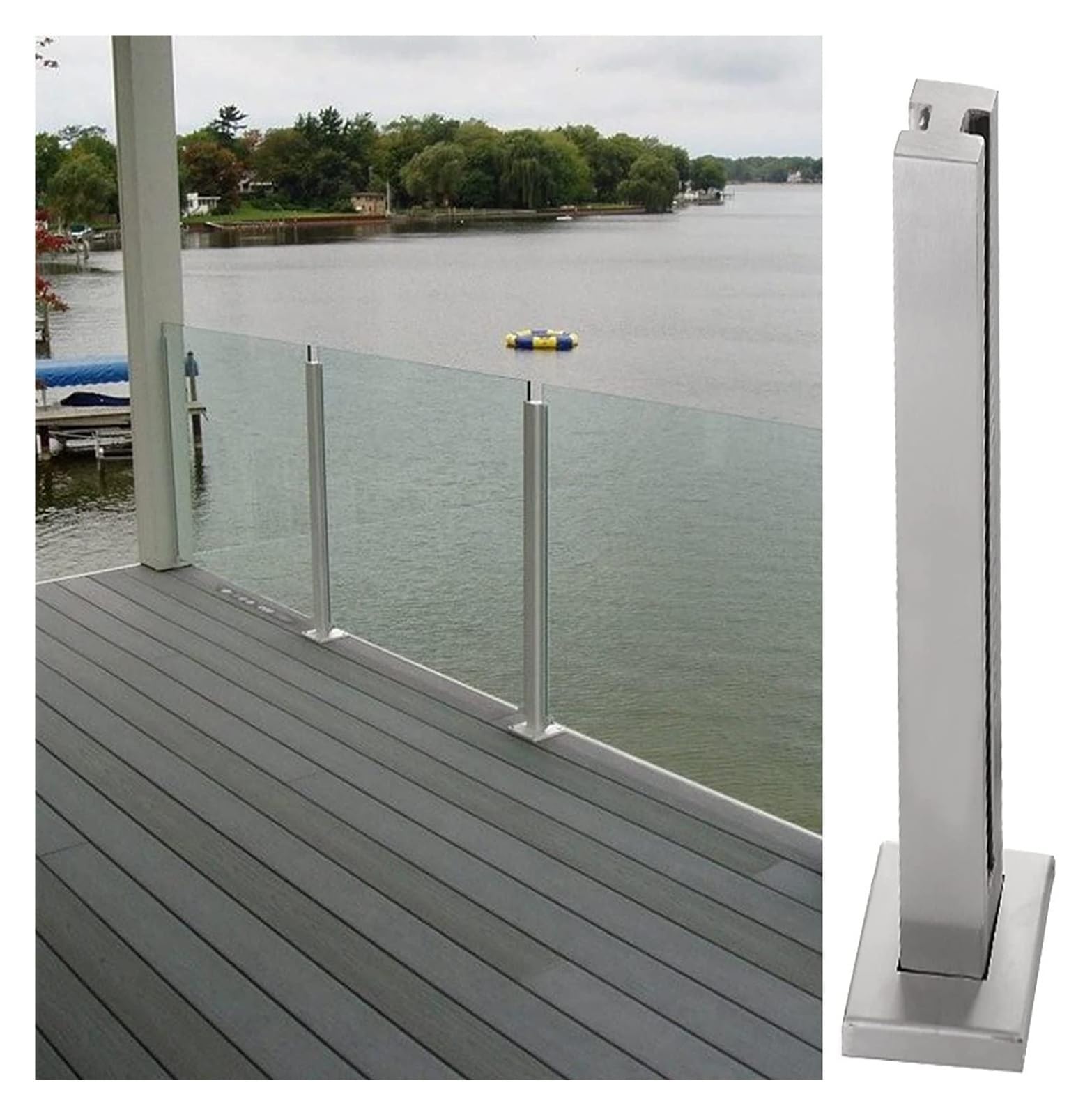 Poteau de garde-corps carré en verre pour sécuriser une terrasse extérieure ou un escalier