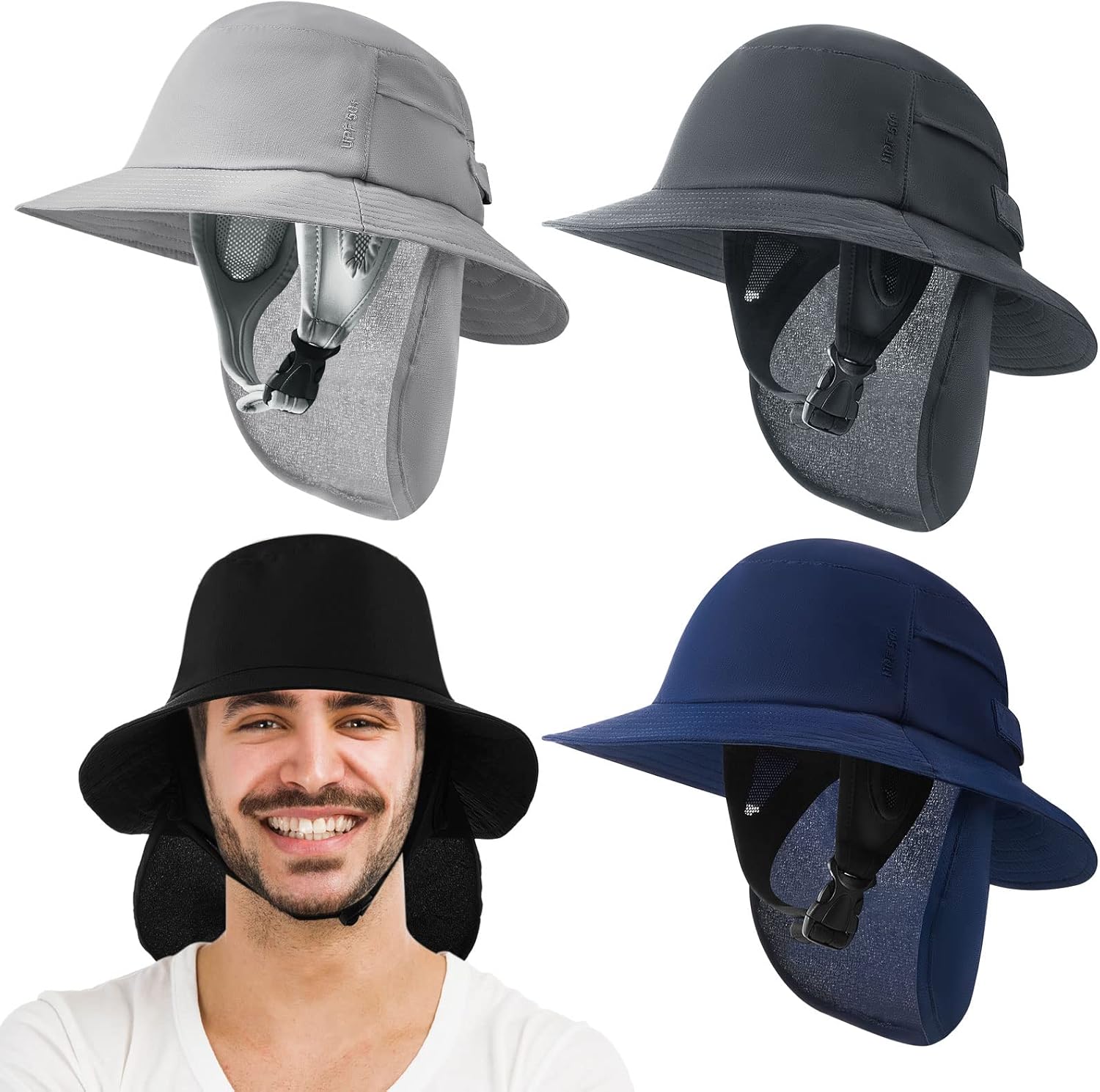 4 Pcs Surf Hat Bucket Sun Hats with Chin Straps for