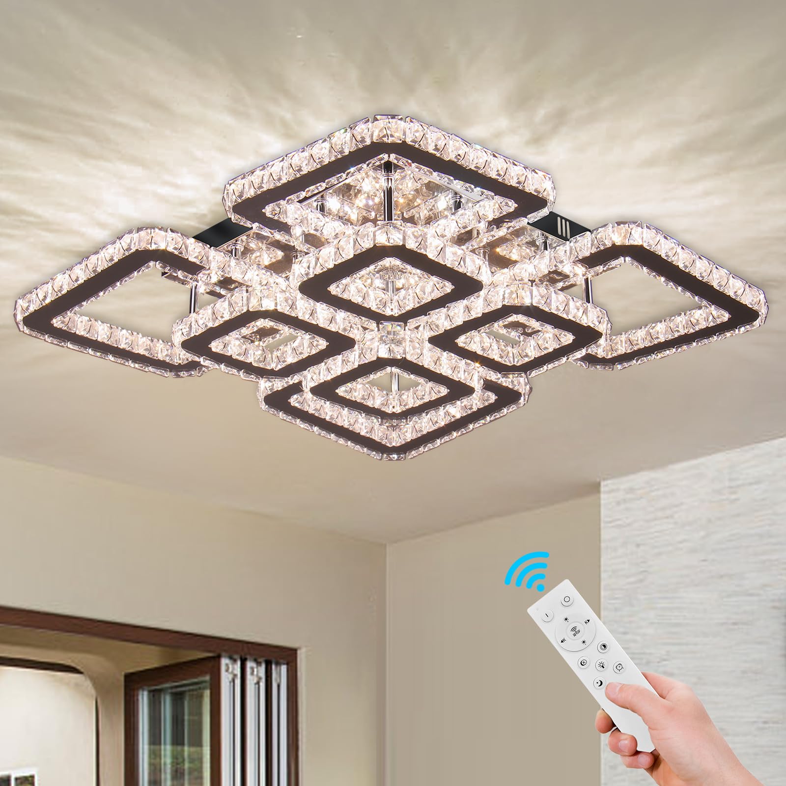 FRIXCHUR 20” Dimmable Crystal Chandelier Square Crystal Flush Mount Ceiling Light 8 Lights Led Crystal Ceiling Pendant Light Led Chandeliers for Bedroom Dining Room Bedroom
