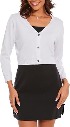 Womens Cropped Cardigan Sweater Crew Neck Button Down 3/4 Sleeve Soft Knit Bolero Shrugs