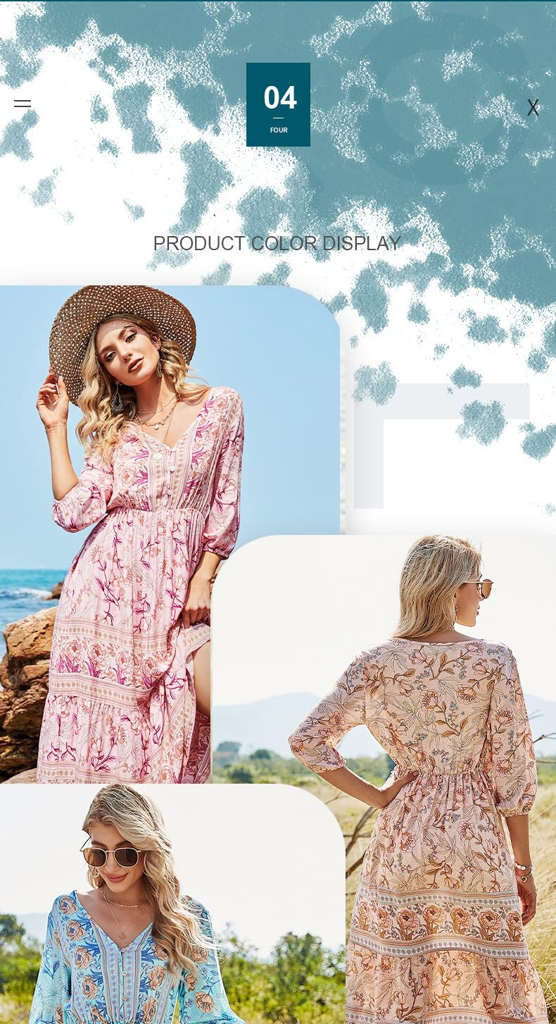 Abito Donne Floreale delle Donne Manica A Mezza Lunghezza con Scollo A V A Vita Alta A Vita Alta Bohemian A-Skirt