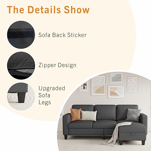 Miniatura 4 de Sofá modular para sala de estar, sofá gris oscuro de 3 plazas en forma de L con otomana de almacenamiento, cómodos sofás seccionales convertibles de