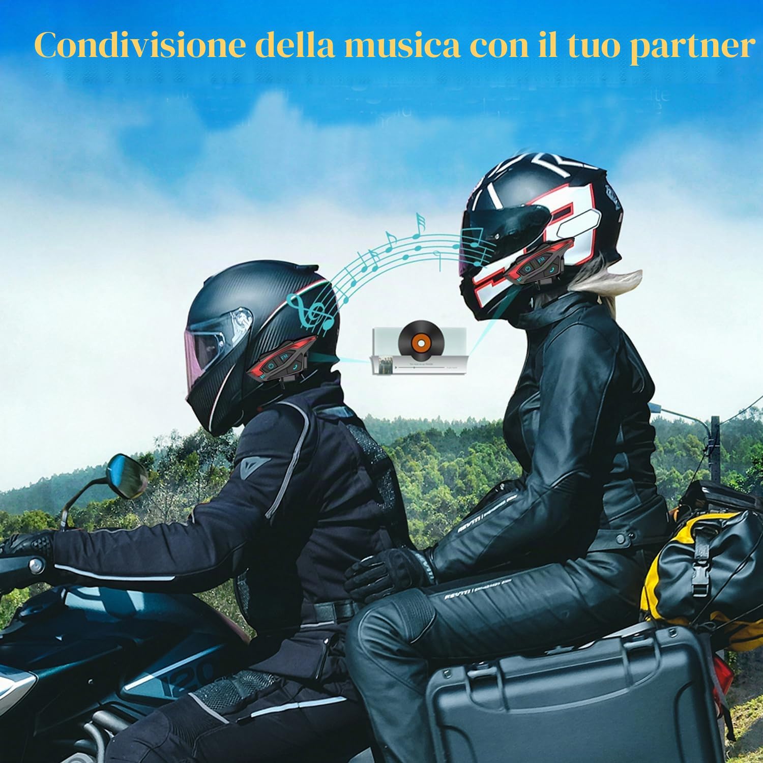 QSPORTPEAK Shark02 interfono moto bluetooth, sistema bluetooth per casco per 2 piloti/Portata 1000m/Condivisione musica/Selezione tono multi-paese(1 pezzi)
