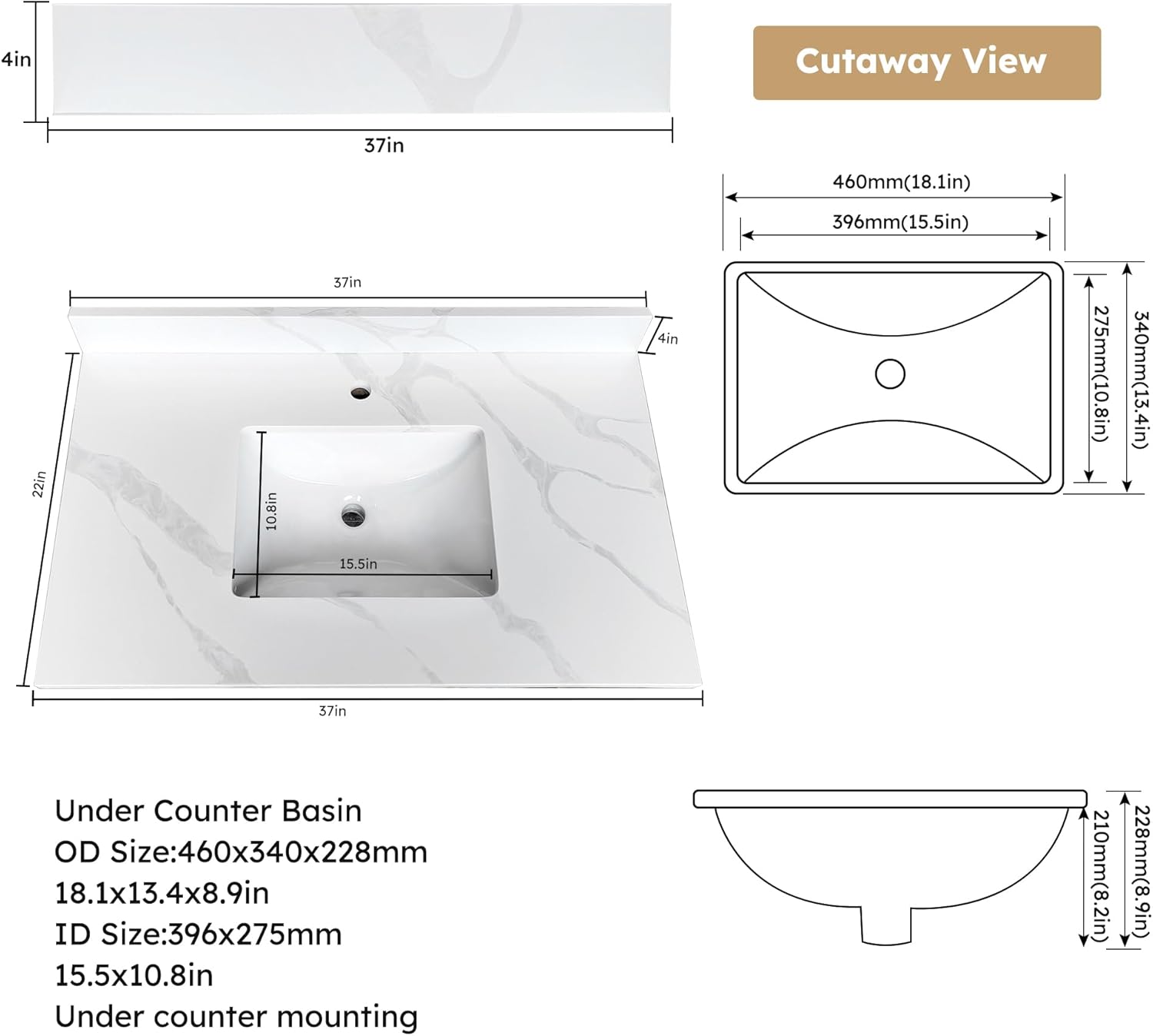 Montary 37-inch Quartz Bathroom Vanity Top with Undermounted Ceramic Sink & 4 Inch High Backsplash, 3/4" Thick Quartz Stone Vanity Sink Tops with 1 Pre-Drilled Hole, Calacatta White