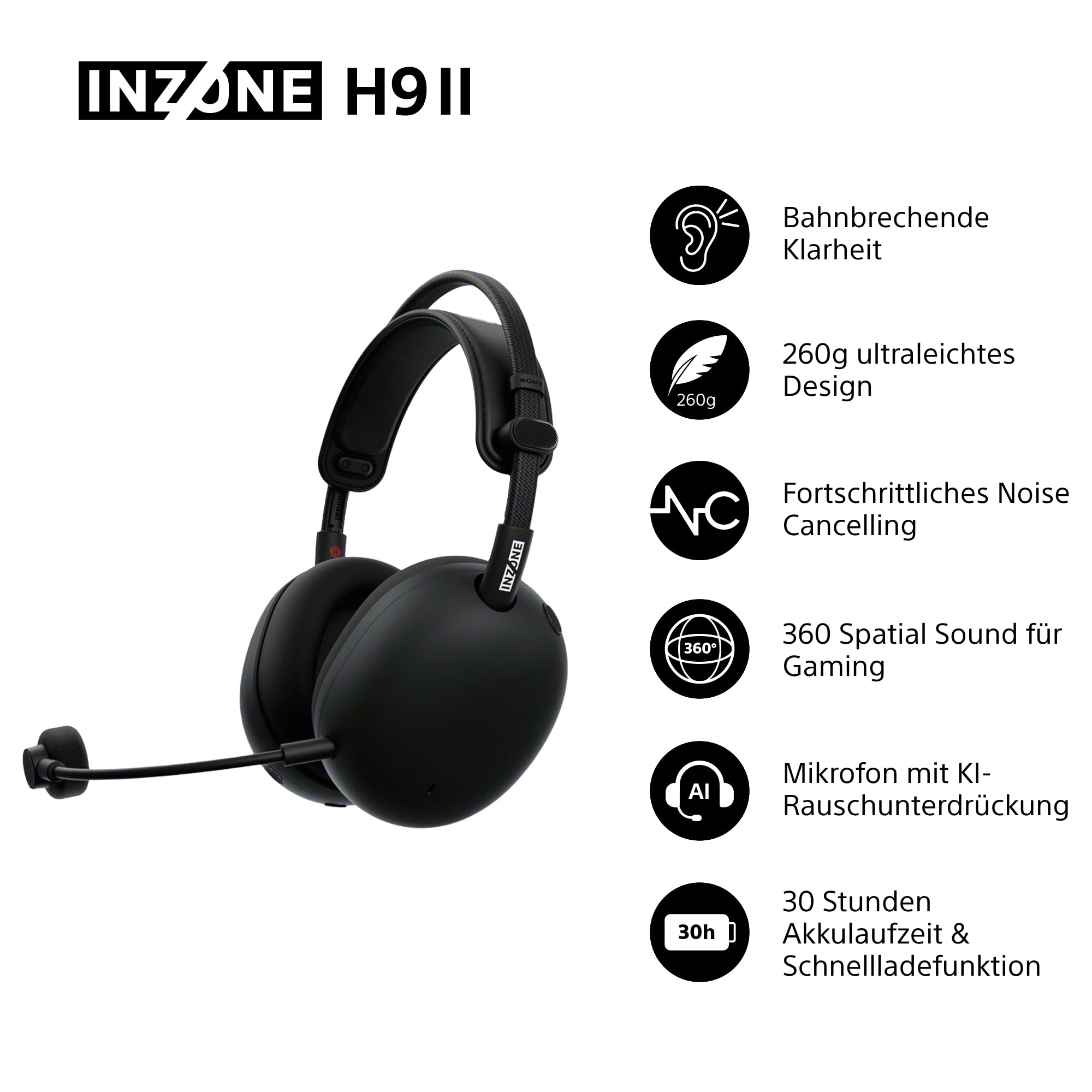 Sony INZONE H9 II Kabelloses Noise Canceling PC-Gaming Headset, Leicht, Anpassbarer Sound-EQ, Abnehmbares Kardioid-AI-Mikrofon, 30h Akku, 2.4GHz & Bluetooth, Soft Case Inklusive, Schwarz