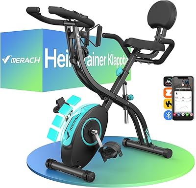 MERACH 4-in-1 Heimtrainer Fahrrad mit eigener Trainings-App, Leises Hometrainer Fahrrad, 16-facher Magnetwiderstand, LCD-Display, Handpulsmessung, Klappbar Heimtrainer, Bequemer Sitz, Widerstandsband