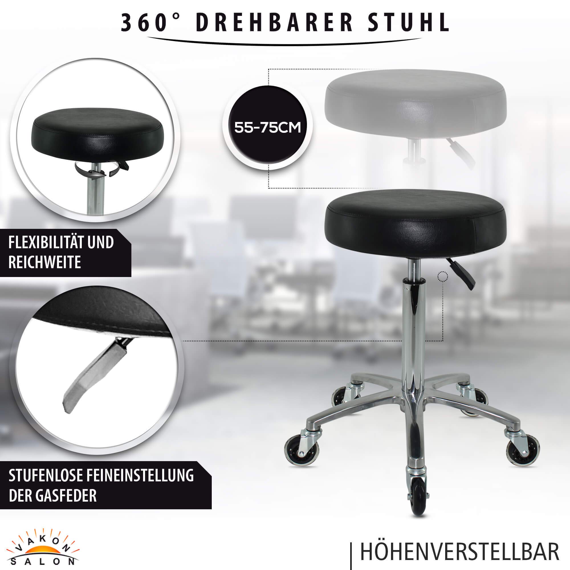 Premium Rollhocker höhenverstellbar von 55 bis 75 cm - Rundsitz - Drehhocker Arbeitshocker Praxishocker