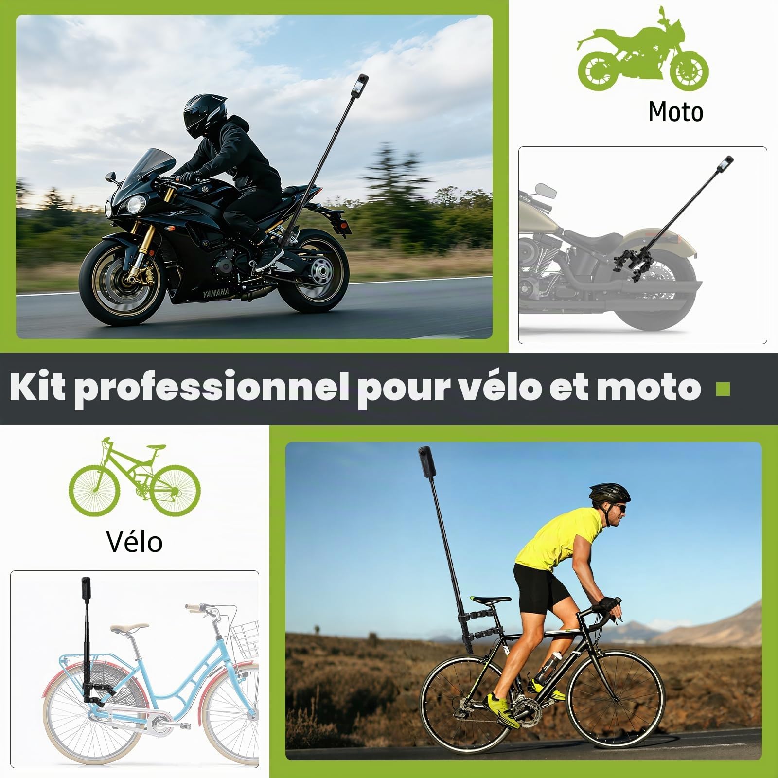 Support Moto pour Insta360 X5 X4 X3 ONE X2 GoPro Hero13 DJI Osmo Pocket 4/3 | Kit de Montage sur Guidon de Vélo avec Perche Selfie Invisible 120cm et Double Pince Accessoire pour Insta 360 GoPro Hero 12