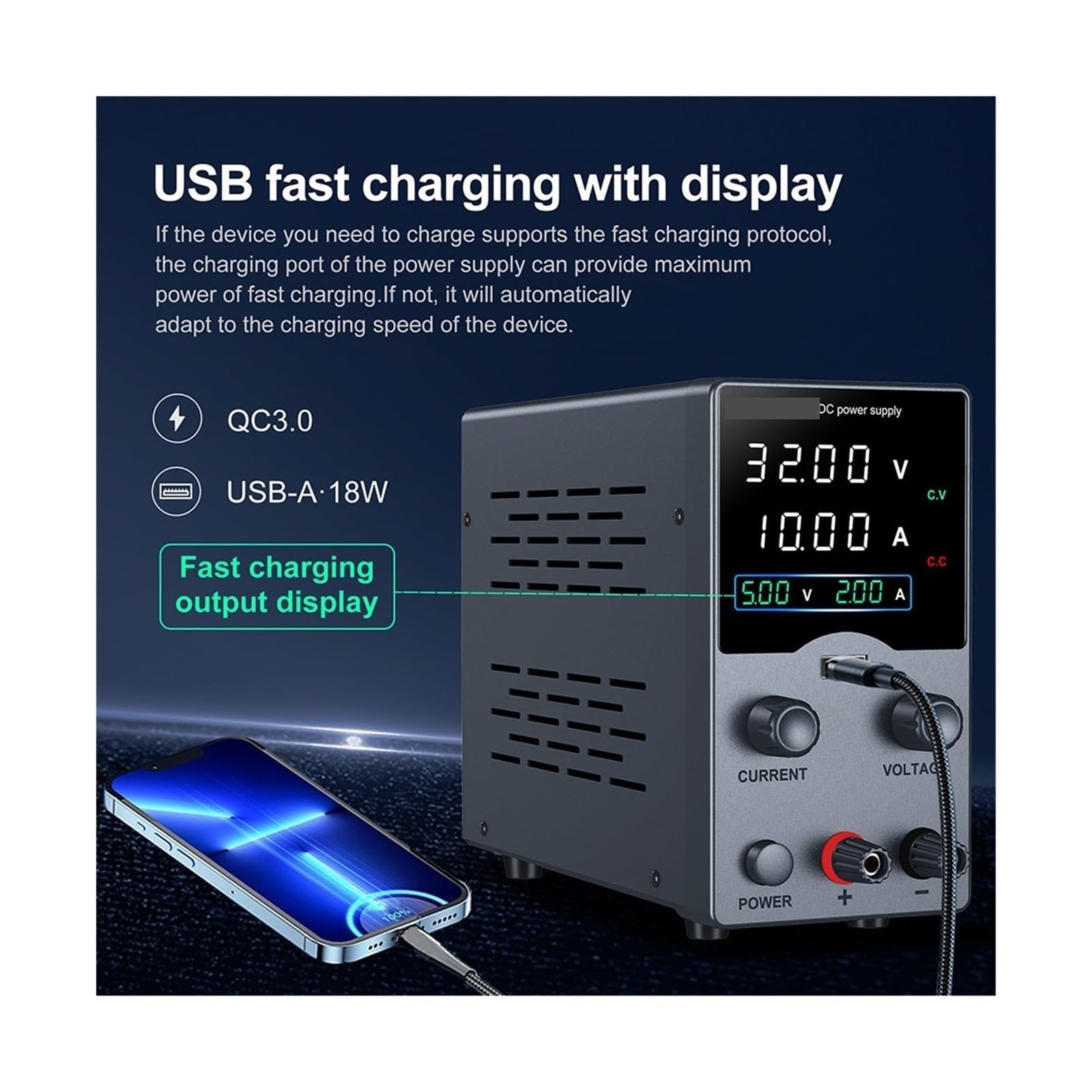 fuente de alimentación CC variable, Fuente De Alimentación CC 30V, 5A, 10A, Pantalla USB Ajustable, Fuentes Laboratorio, Regulador Voltaje 60V, 120V, 3A, Anodizado Metal(GA605H)