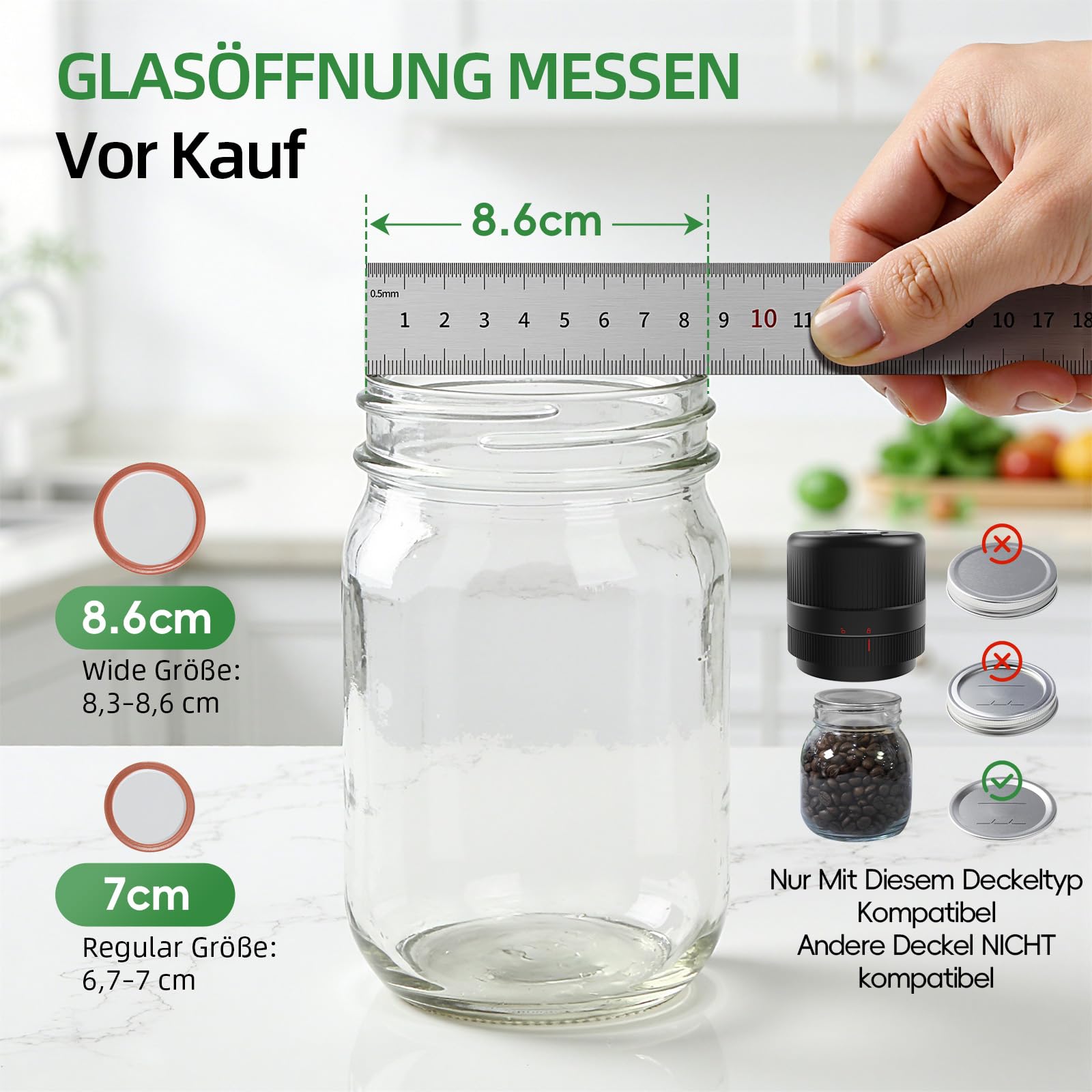 Vakuumierer für Gläser | Elektrisches Mason Jar Vakuum Sealer für Breite und Normale Öffnung | Tragbares Vakuumiergerät für Gläser | Geschenke für Sie, Mama, Oma, Schwarze Upgrade-version