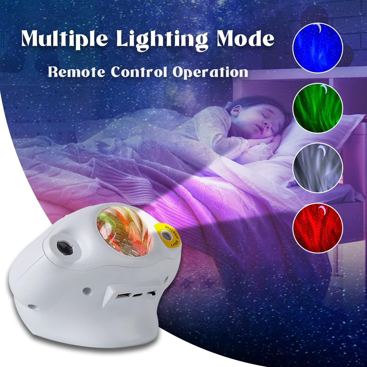Fuegobird Galaxy Night Light Projector showing multiple lighting modes in blue, green, white, and red