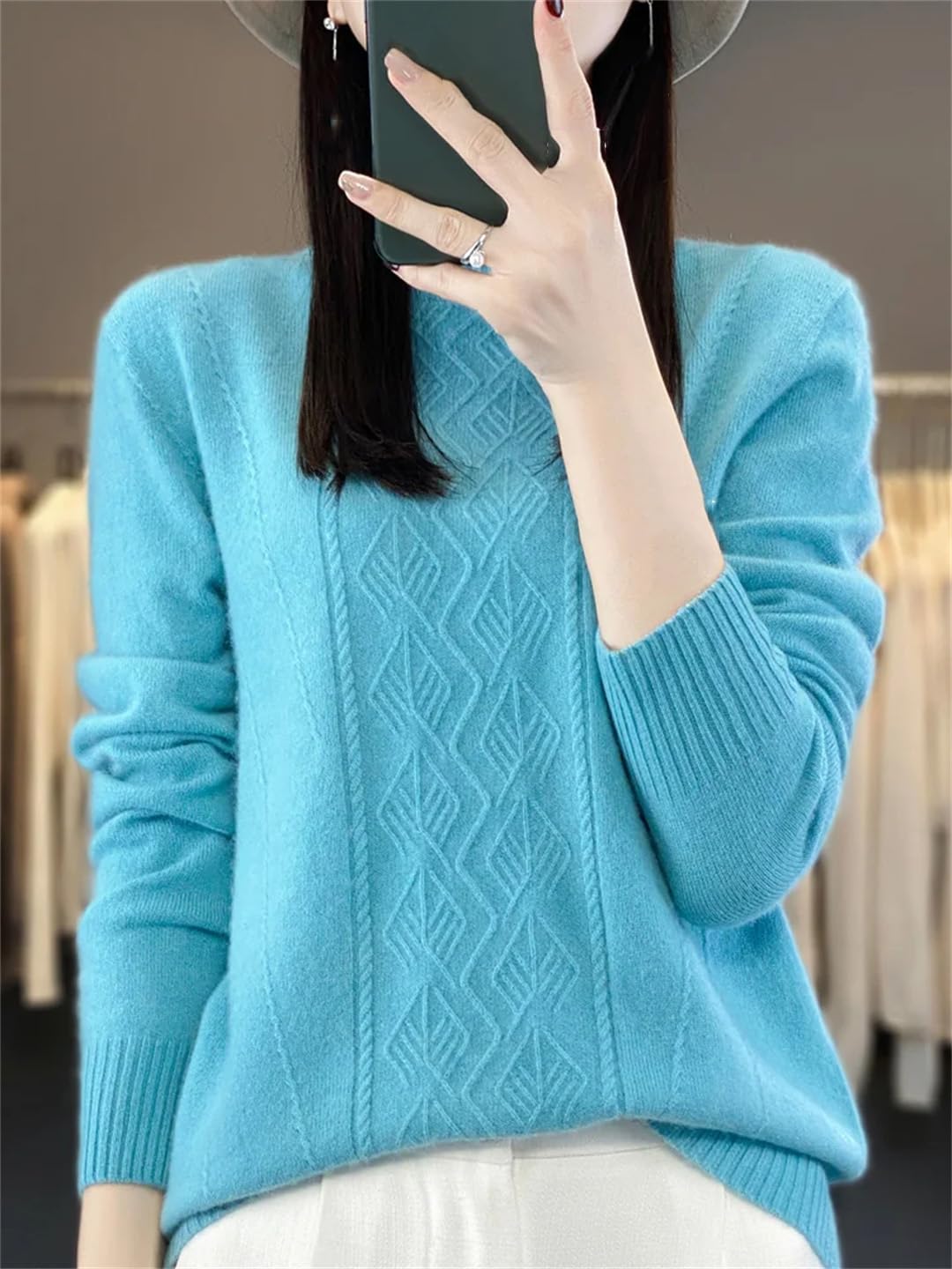 Damski sweter z półokrągłym dekoltem sweter jesień zima ciepły miękki sweter z wełny merynosów