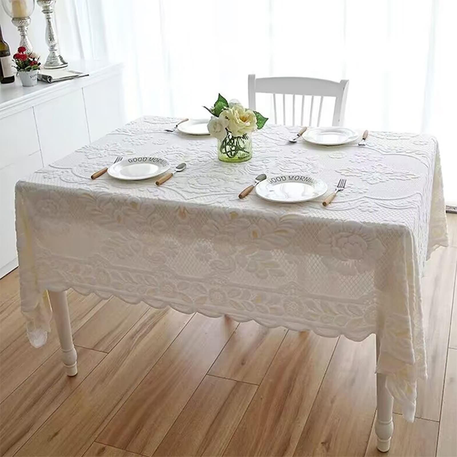 Nappe blanche 130x180cm rectangulaire en dentelle à fleurs en relief KnSam