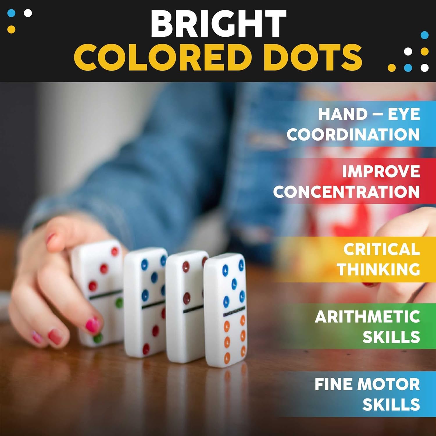 PLUSPOINT Double Six Dominoes, 28 Tile Colored Dots Domino Game Set with Tin Box, Classic Family Board Games Domino Game for Kids, Adults and Families for 2-4 Players(Color Dots) - Image 2 thumbnail