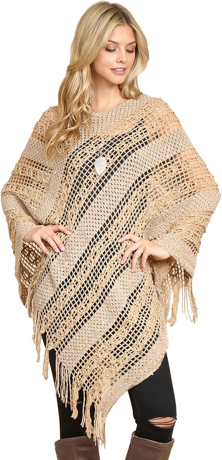 RIAH FASHIONBohemian Sequin Glitter Shawl Wrap Poncho - Kimono Cardigan, Sparkly Metallic Mesh Scarf, Open Knit Crochet