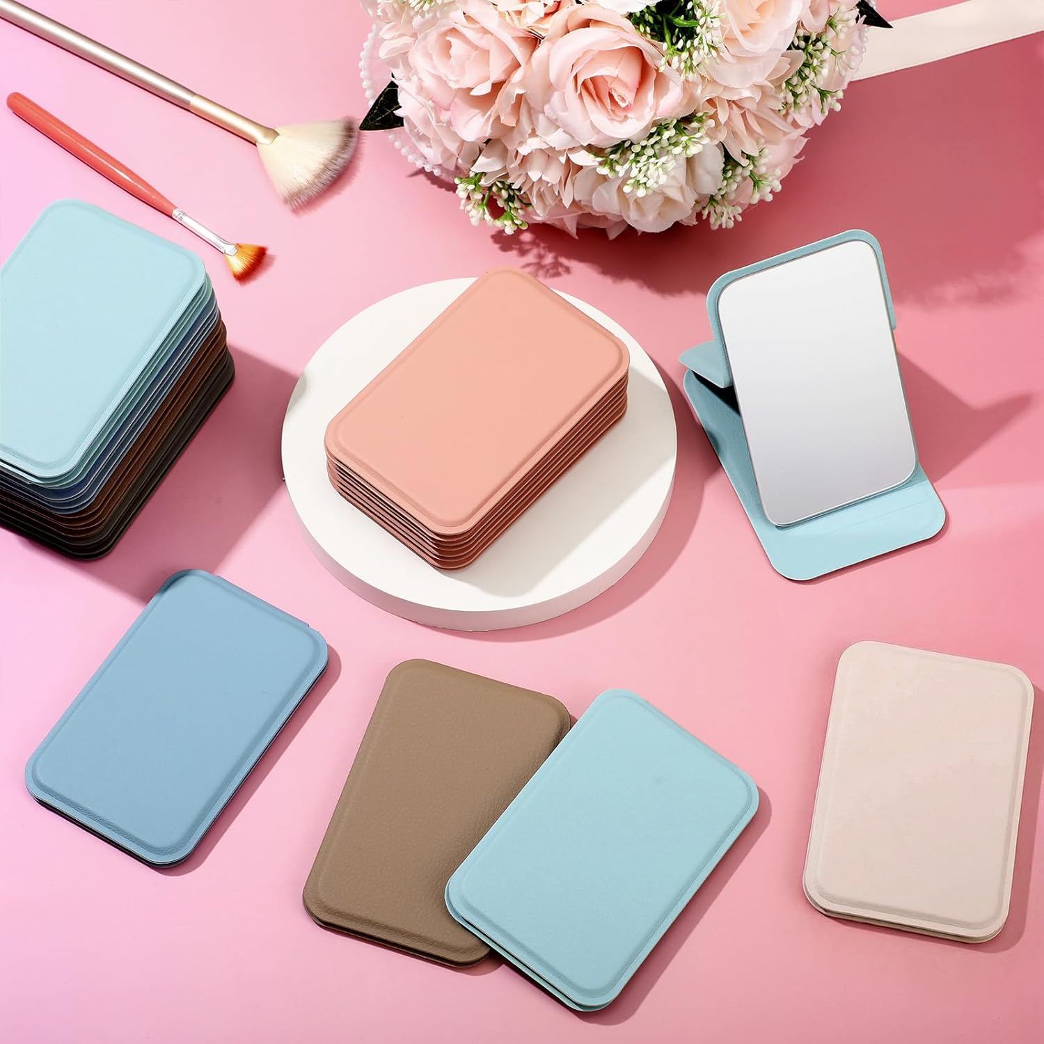 24 Pcs Compact Portable Mirror Bulk Handheld Folding Pocket Makeup Mirror 4.2'' Travel Ultrathin Mirrors for Camping Home Office Sleepover Party Women Mom Party Gift (Rectangle,Morandi)